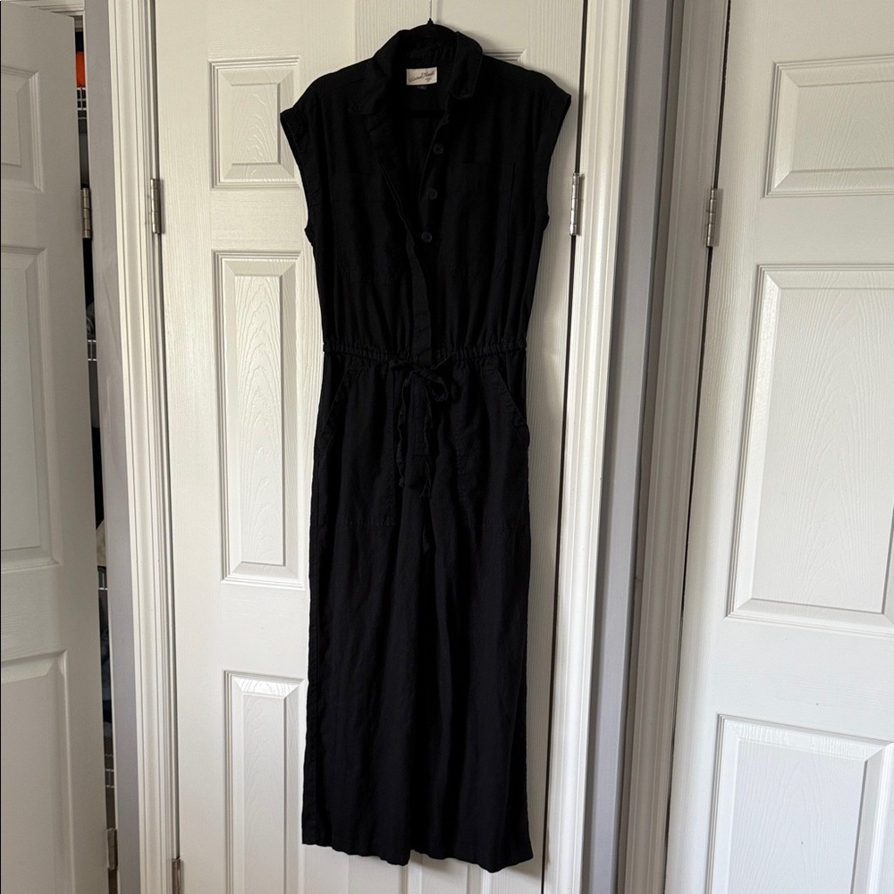 Woven Button Down Jumpsuit with Drawstring